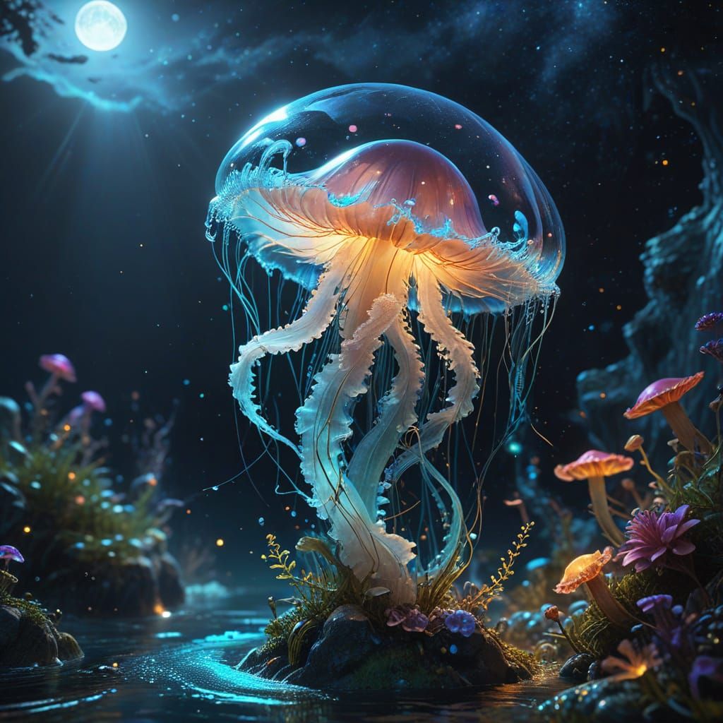 Bioluminescent Jellyfish in Starry Night Ocean