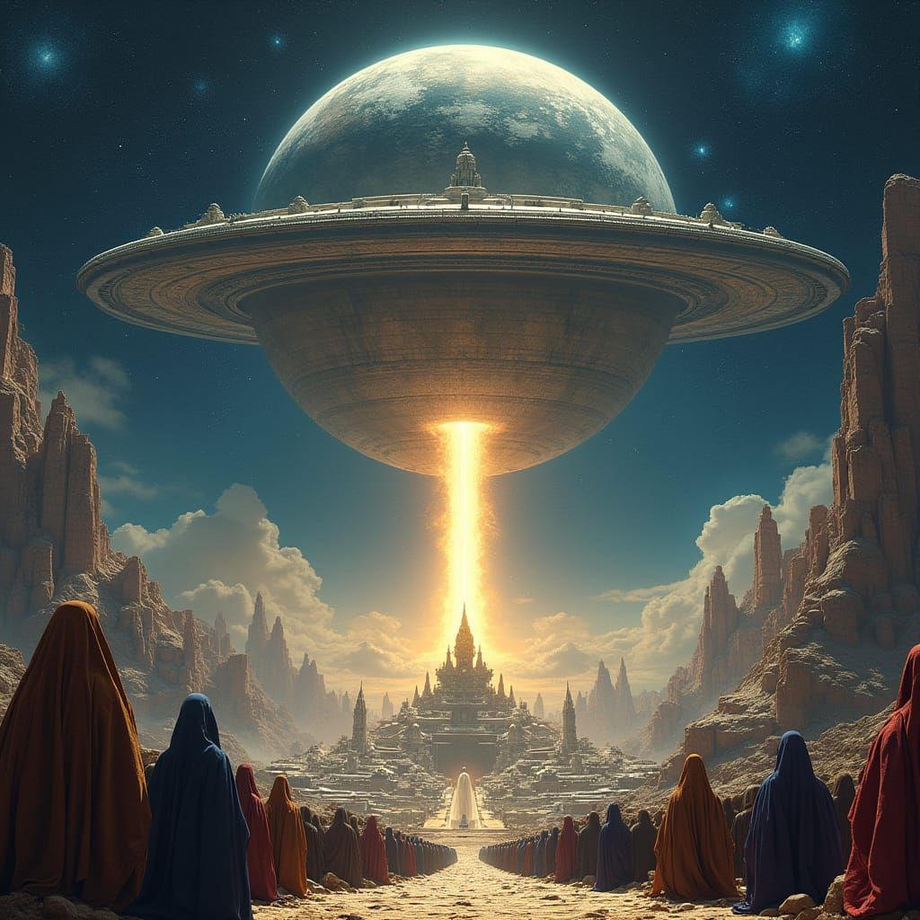 Stylized Alien Planet with Colossal Metallic Spacecraft