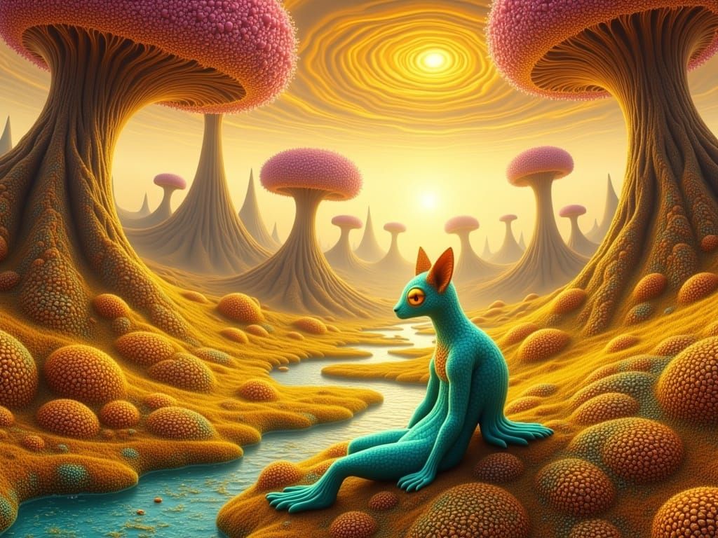 Surreal Dreamlike Landscape with Alien Felinoid and Twisted ...
