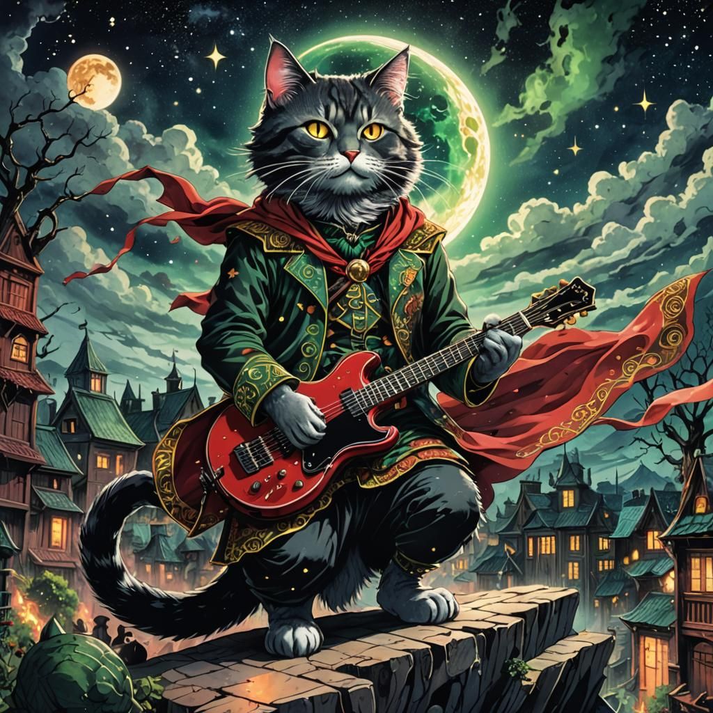 Dark Fantasy Cat Bard Performing in 80s Anime Style