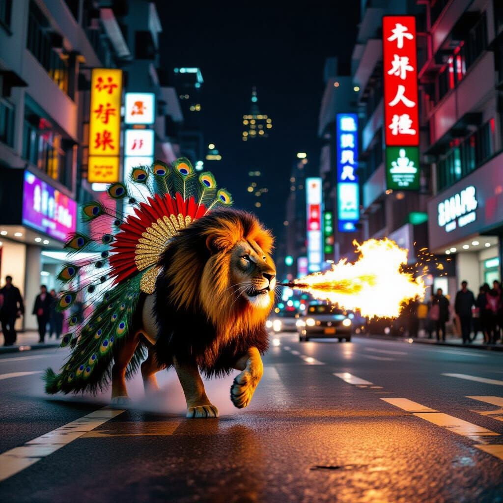 Fiery Feathered Lion Roars Through Neon Hong Kong