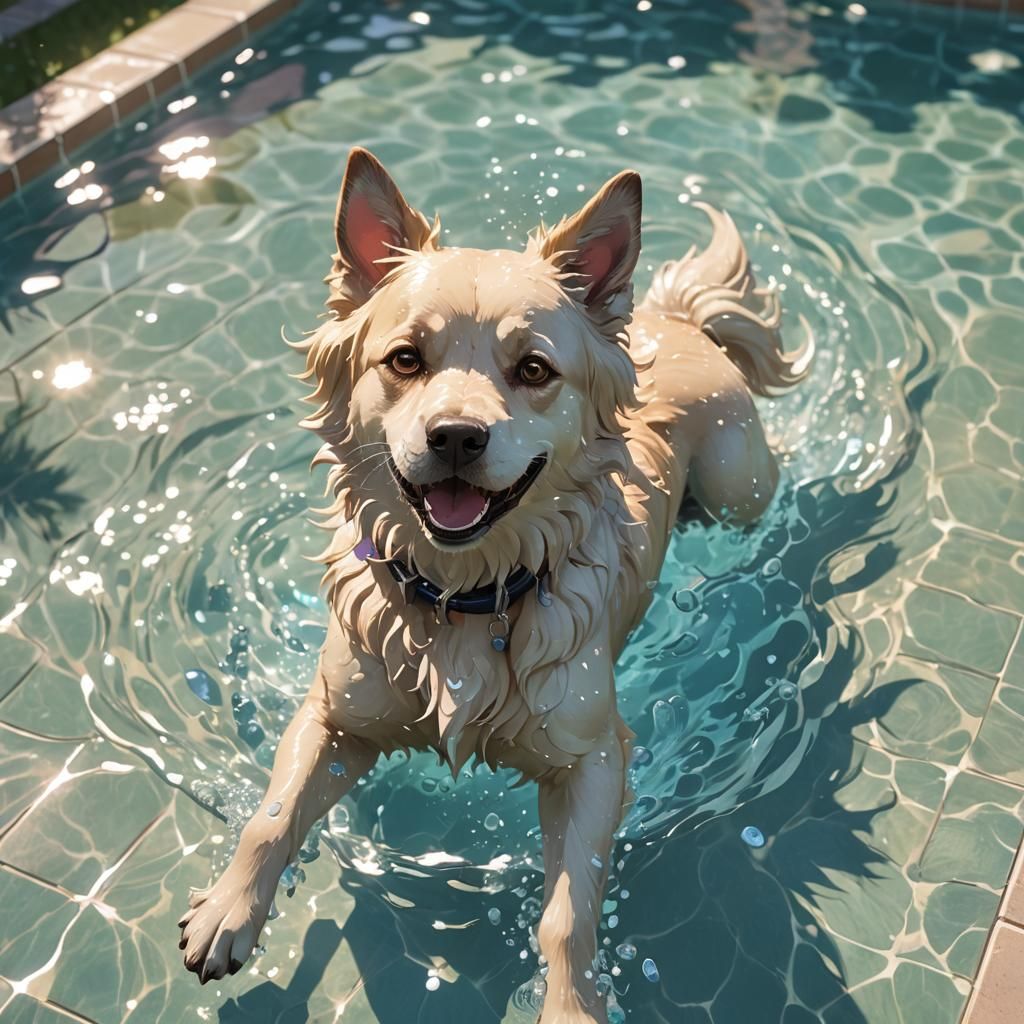 Happy Dog Playing in Pool: Vibrant 3D Anime Art