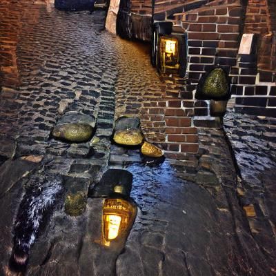 Gaslit Alleyway with Wet Cobblestones