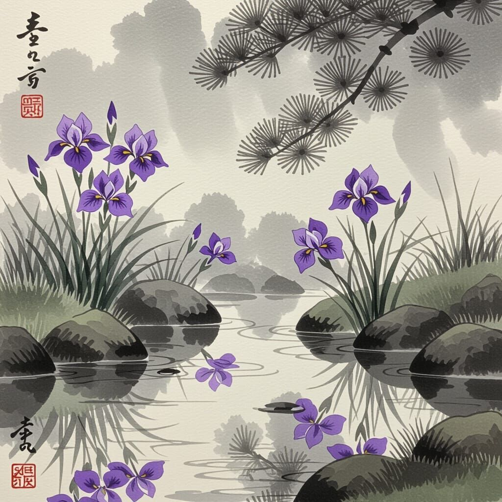 Ukiyo-e Japanese Pond with Irises