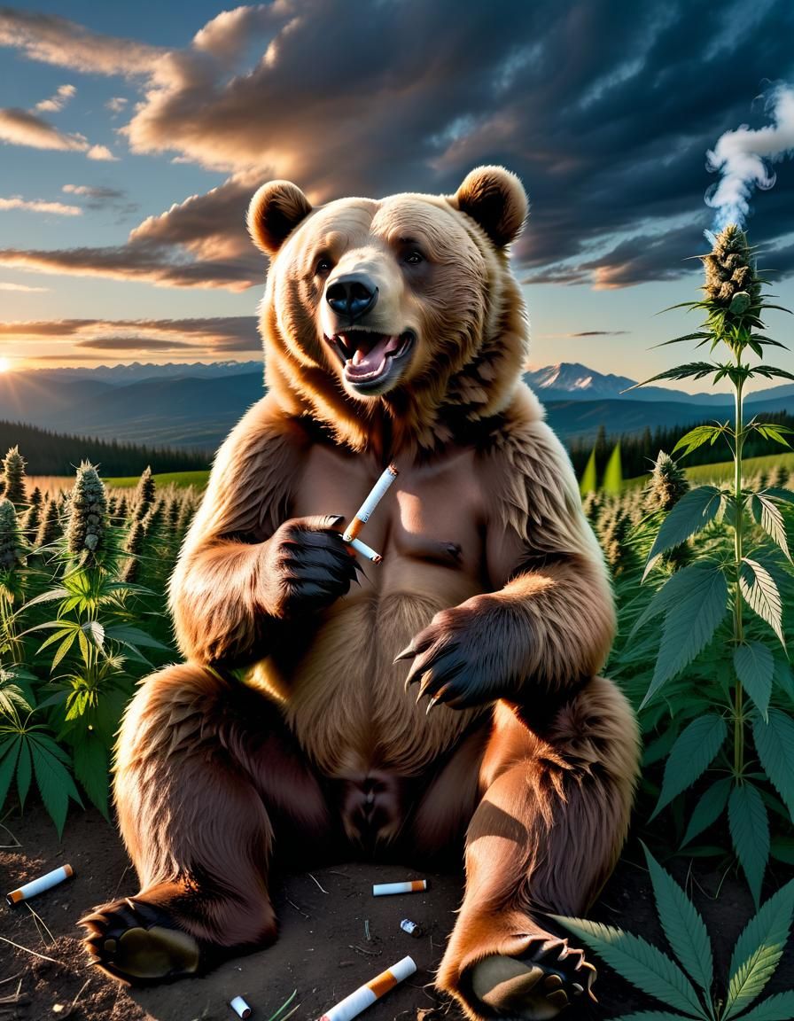 Laughing Bear Smokes in a Marijuana Field