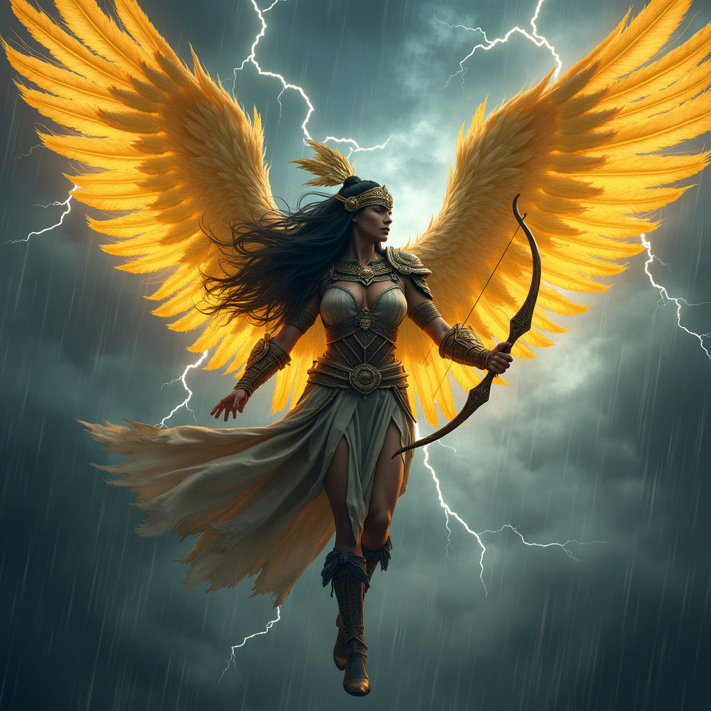 Valkyrie Soaring Through Storm with Bow and Arrow