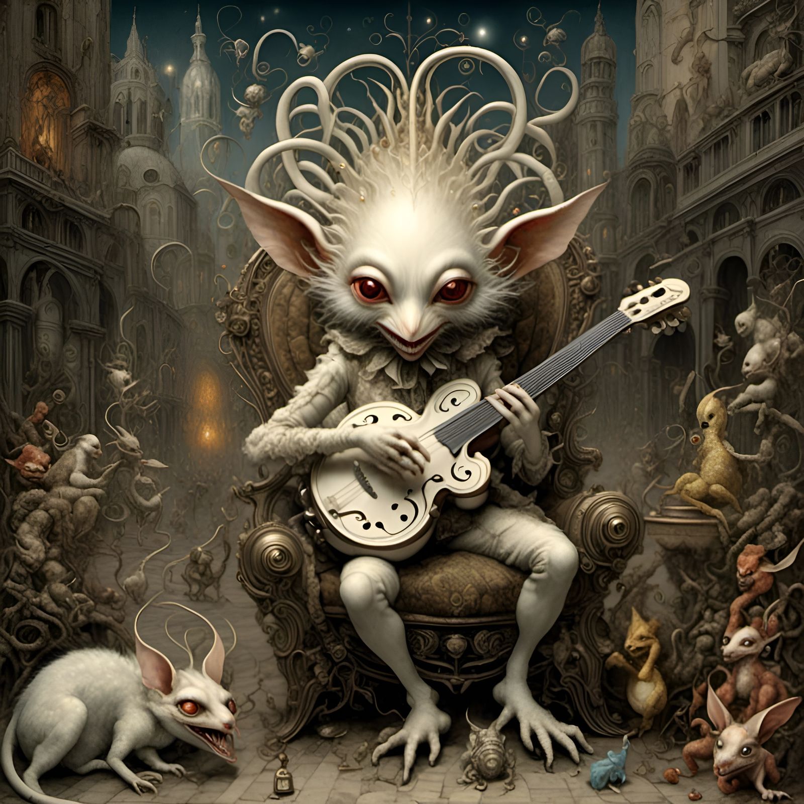 Cryptid Gremlin Harlequin Plays Mandolin on Throne