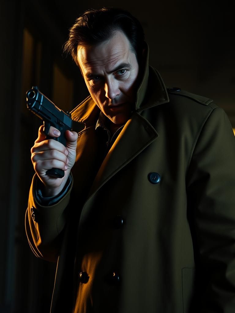 Film Noir Detective Peeking From Cover