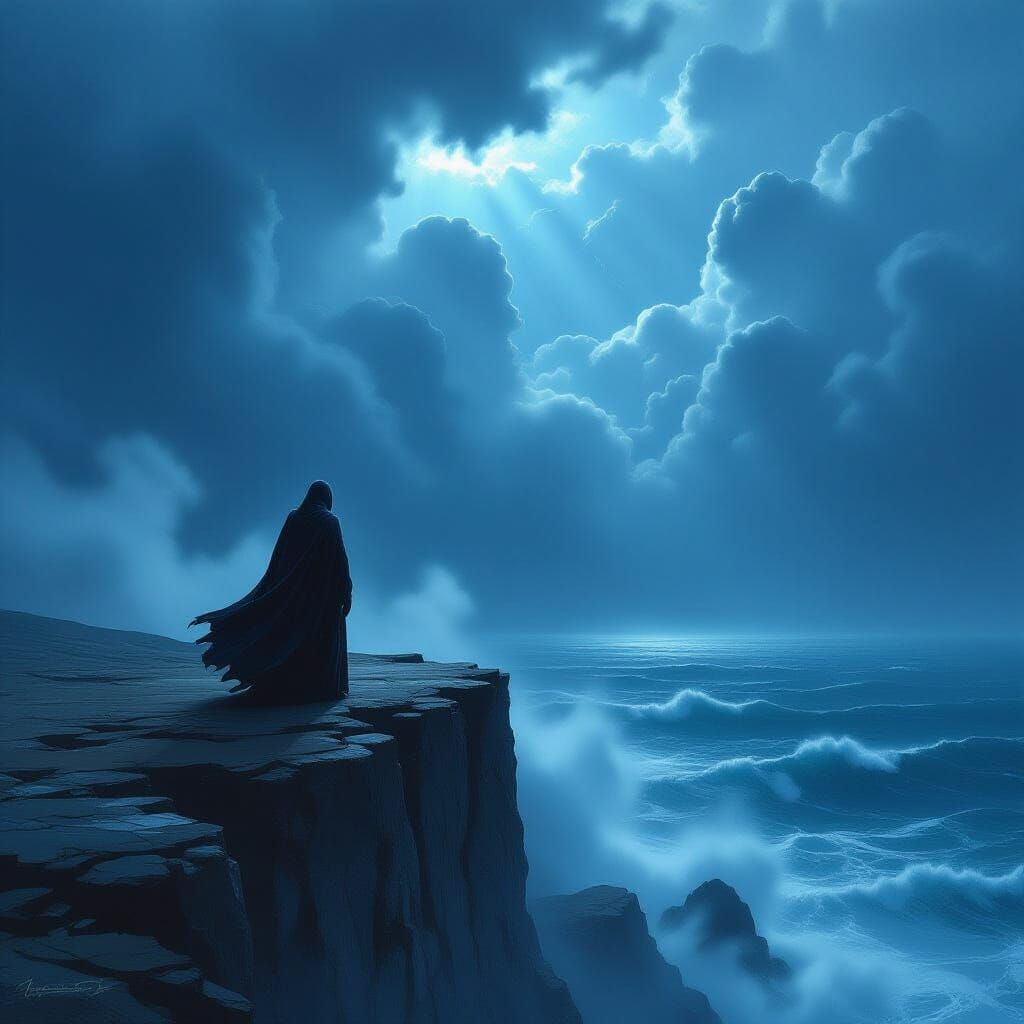 Stormy Cliffside Contemplation in Dark Fantasy Style