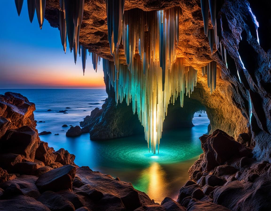 Luminous Crystal Cavern with Bioluminescent Formations