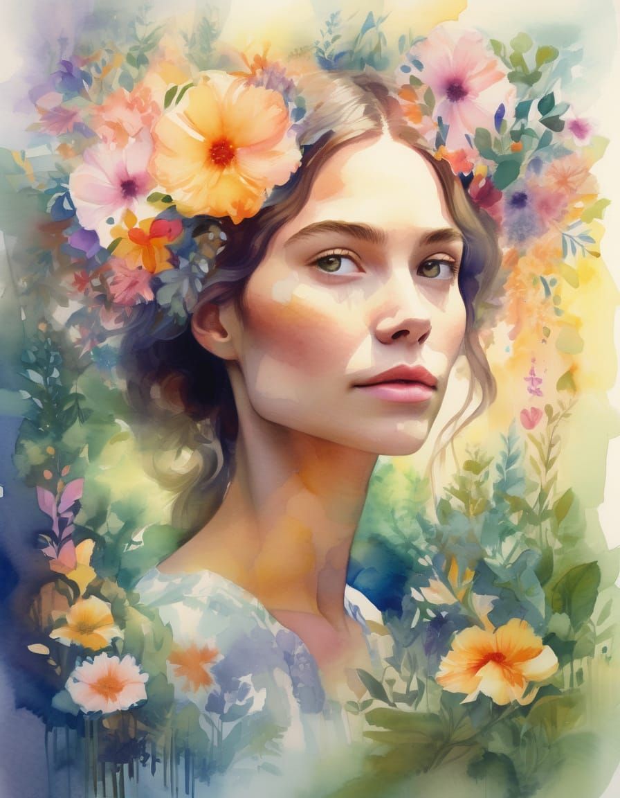 Ethereal Watercolor Portrait of a Serene Woman in a Lush Gar...