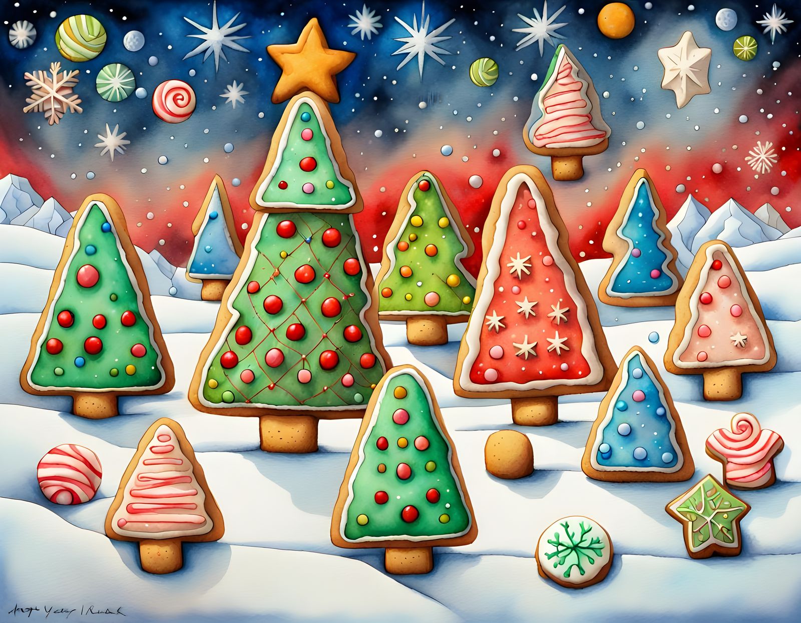 Festive Christmas Cookies in Cubist Watercolour Style