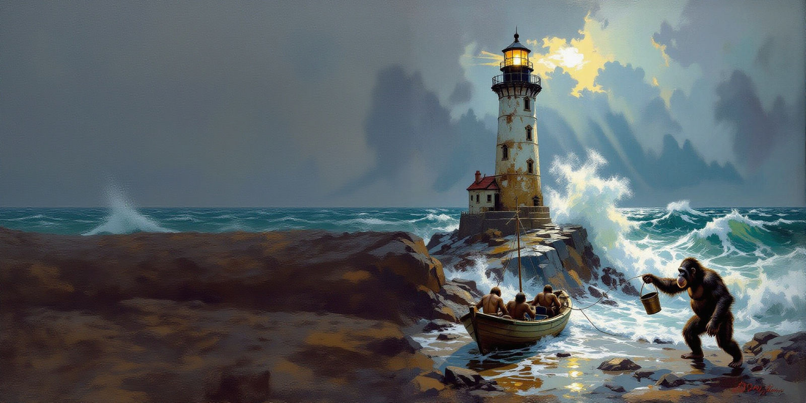 Stormy Sea Lighthouse Rescue with Chimpanzee Crew
