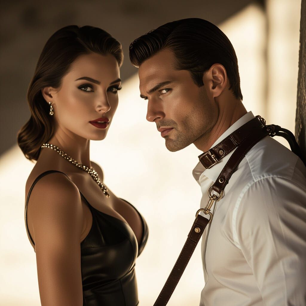 Dominant Woman in Film Noir Style Holds Man on Leash