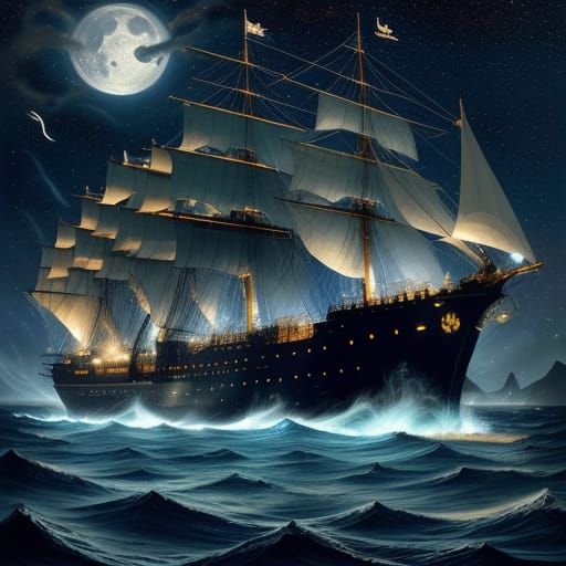 Surreal Maritime Fantasy with Majestic Ship and Whales in St...