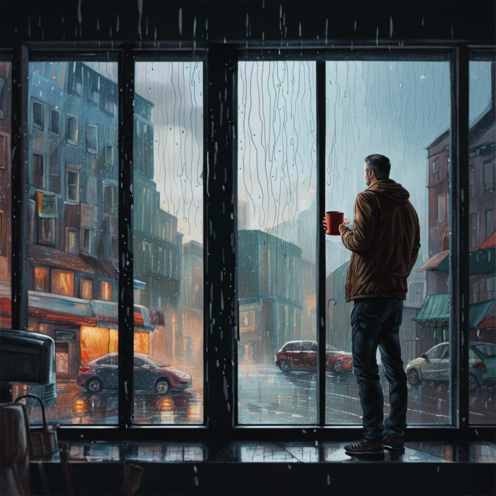 a man is standing by the window, holding a mug of coffee, watching the rain fall on the street Hyperrealistic, splash ar...