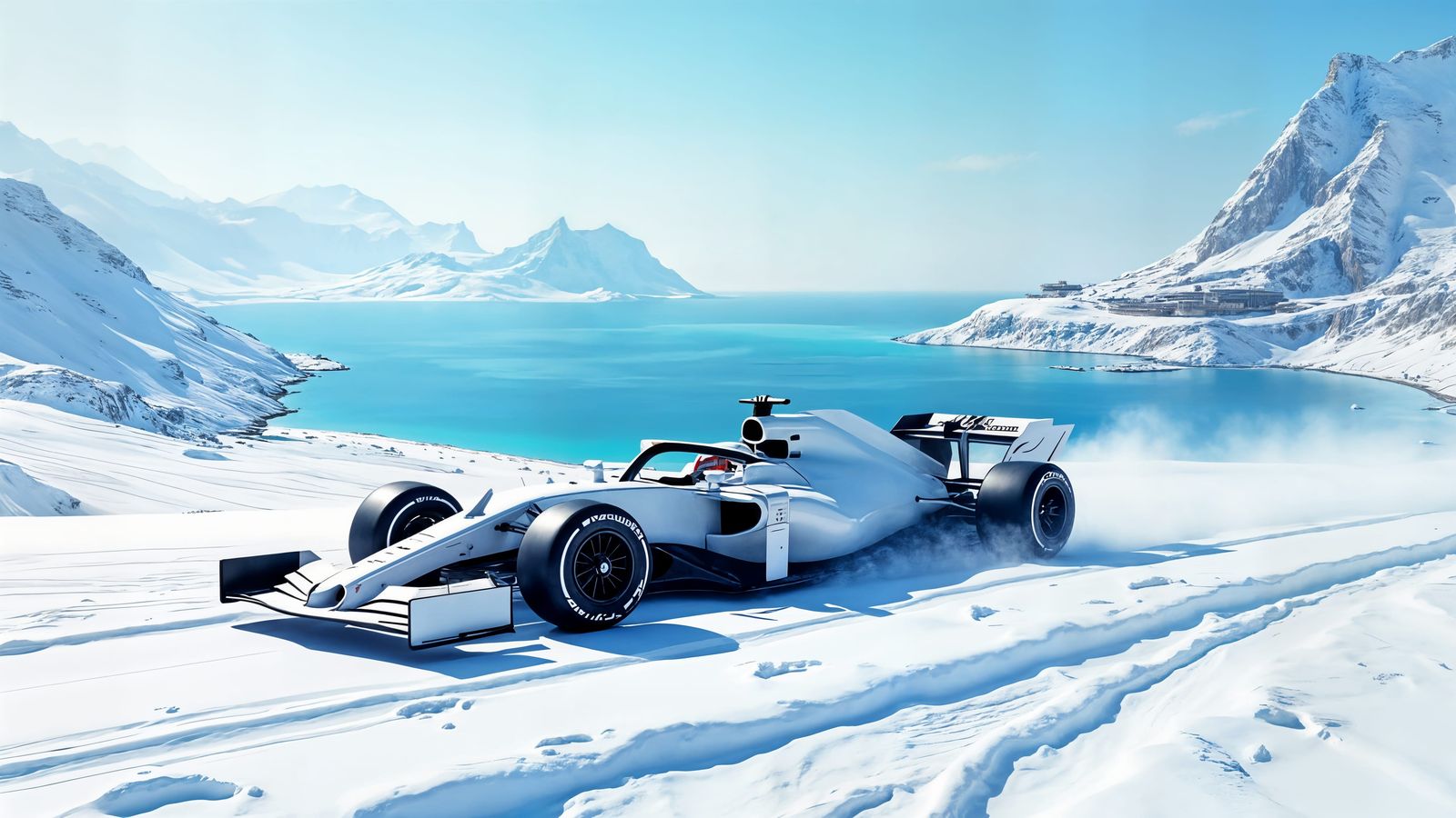 White F1 Car on Snowy Mountaintop With Ocean View