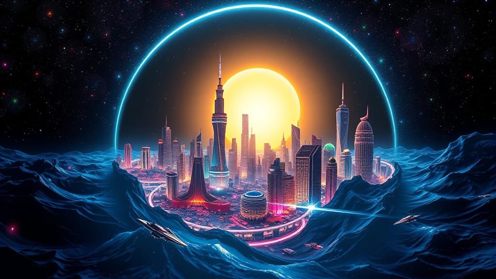 Ethereal City of Light in Cosmic Ocean