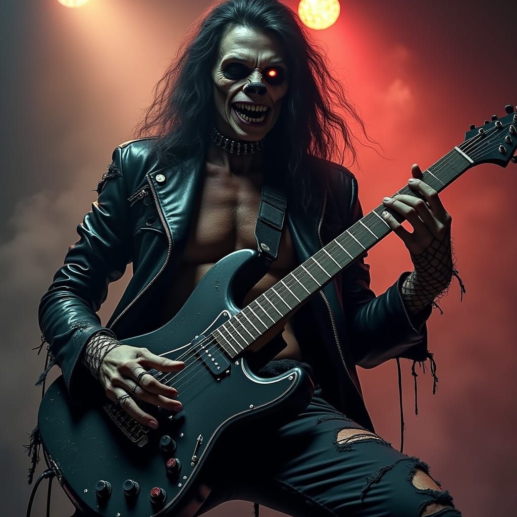 Metalhead Zombie Shreds in Dark Concert Scene