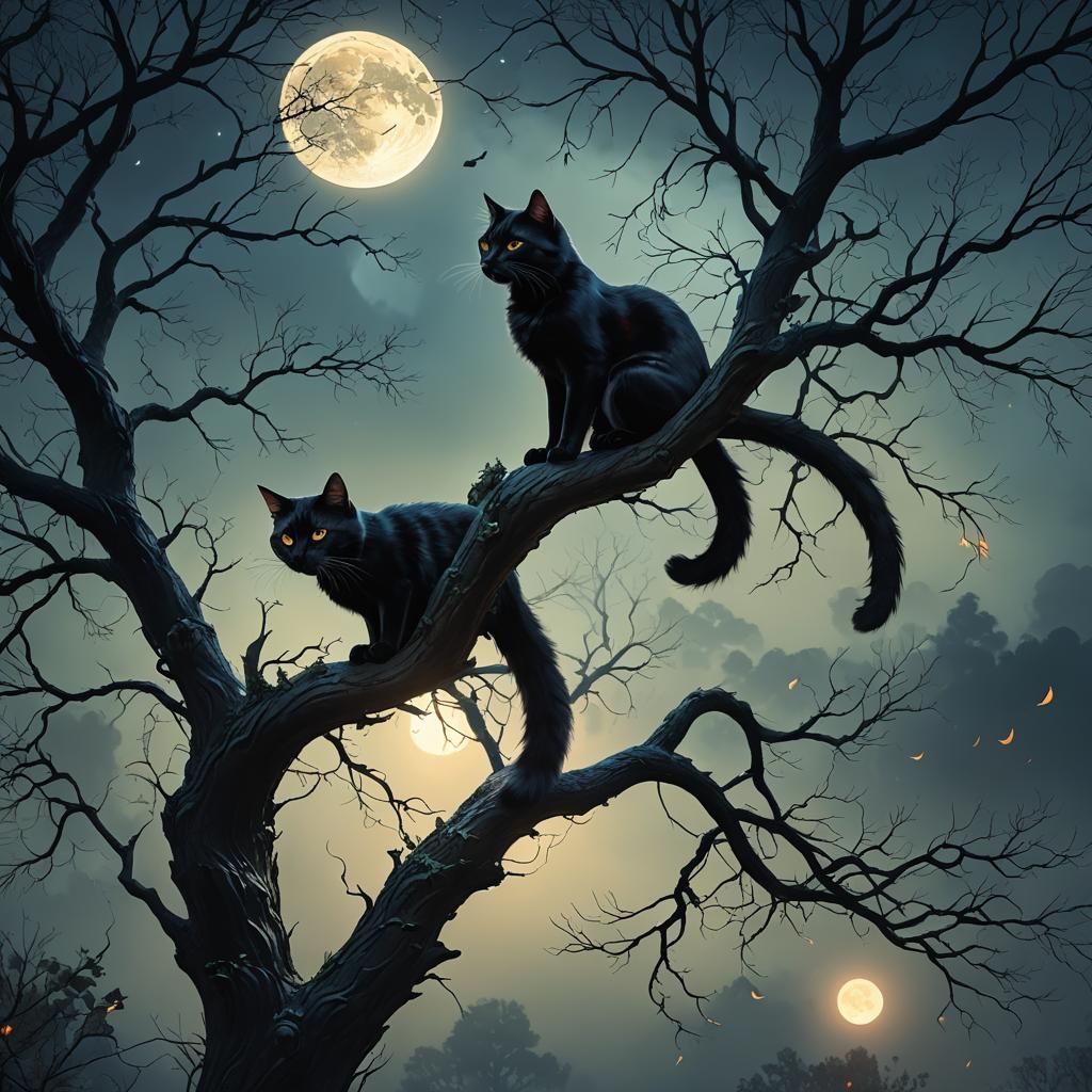 Two-Tailed Cat in Enchanted Forest: Fantasy Art