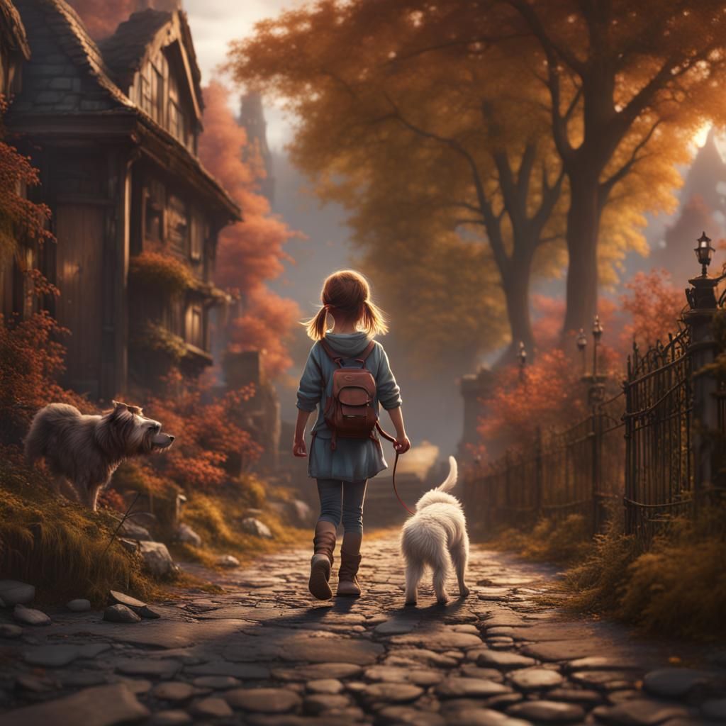 Girl and Dog Walking: Detailed Matte Painting