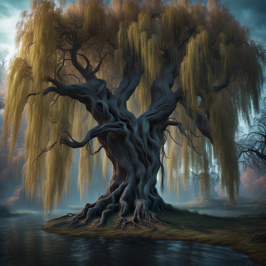 A haunted weeping willow tree with ethereal apparitions hanging from its branches.