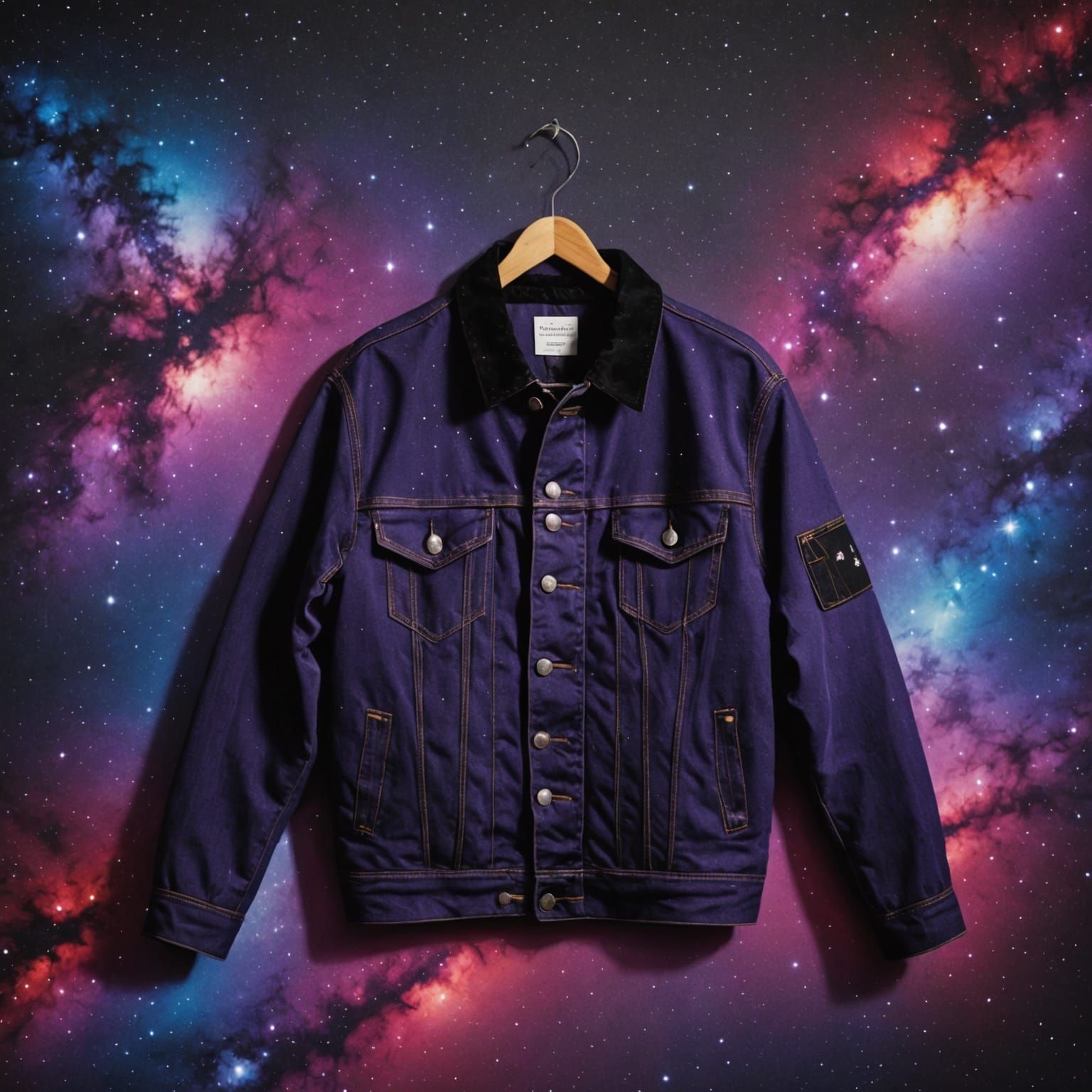 Cosmic Denim Jacket on a Hanger in Vibrant Starry Night Colo...