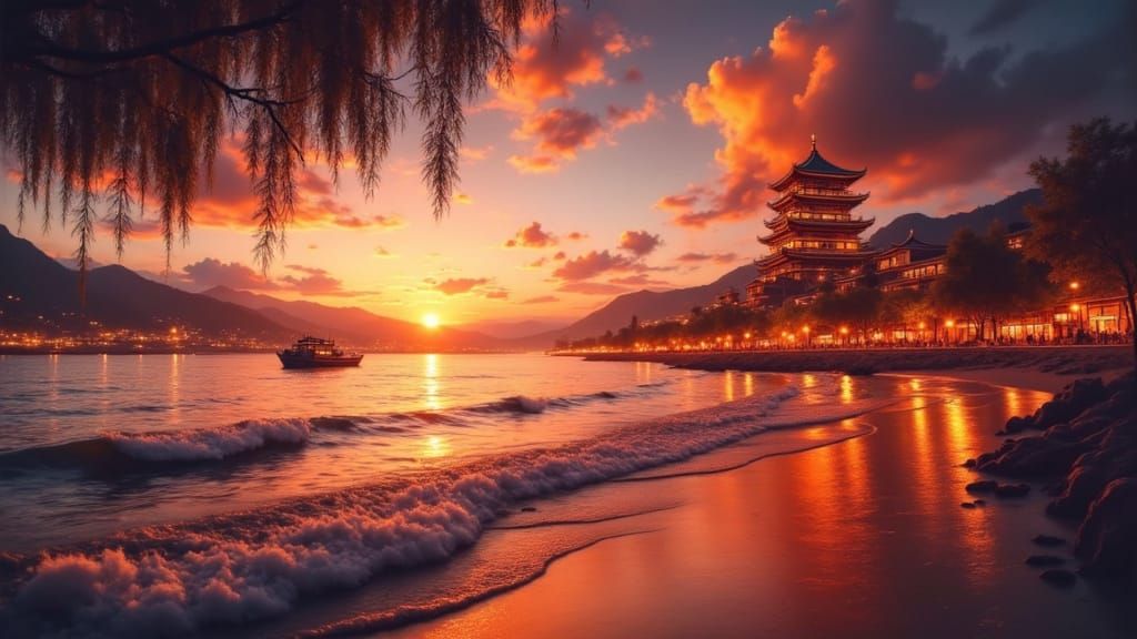 Song Dynasty Tower at Sunset Over West River in Zhaoqing