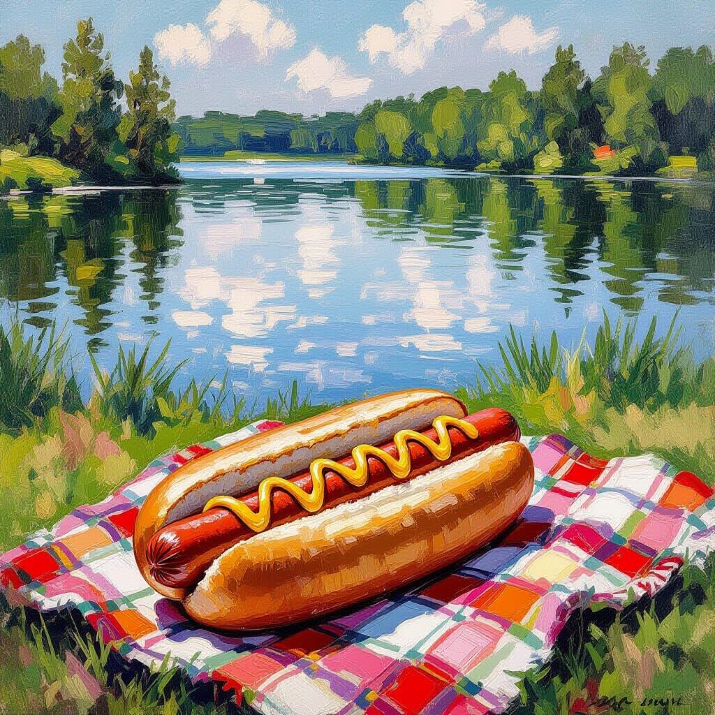 Impressionistic Hotdog Picnic Beside a Lake