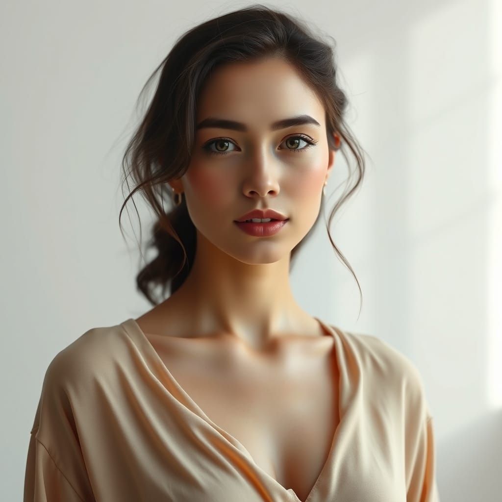 Hyper-Realistic Portrait of Woman in Softly Lit Studio