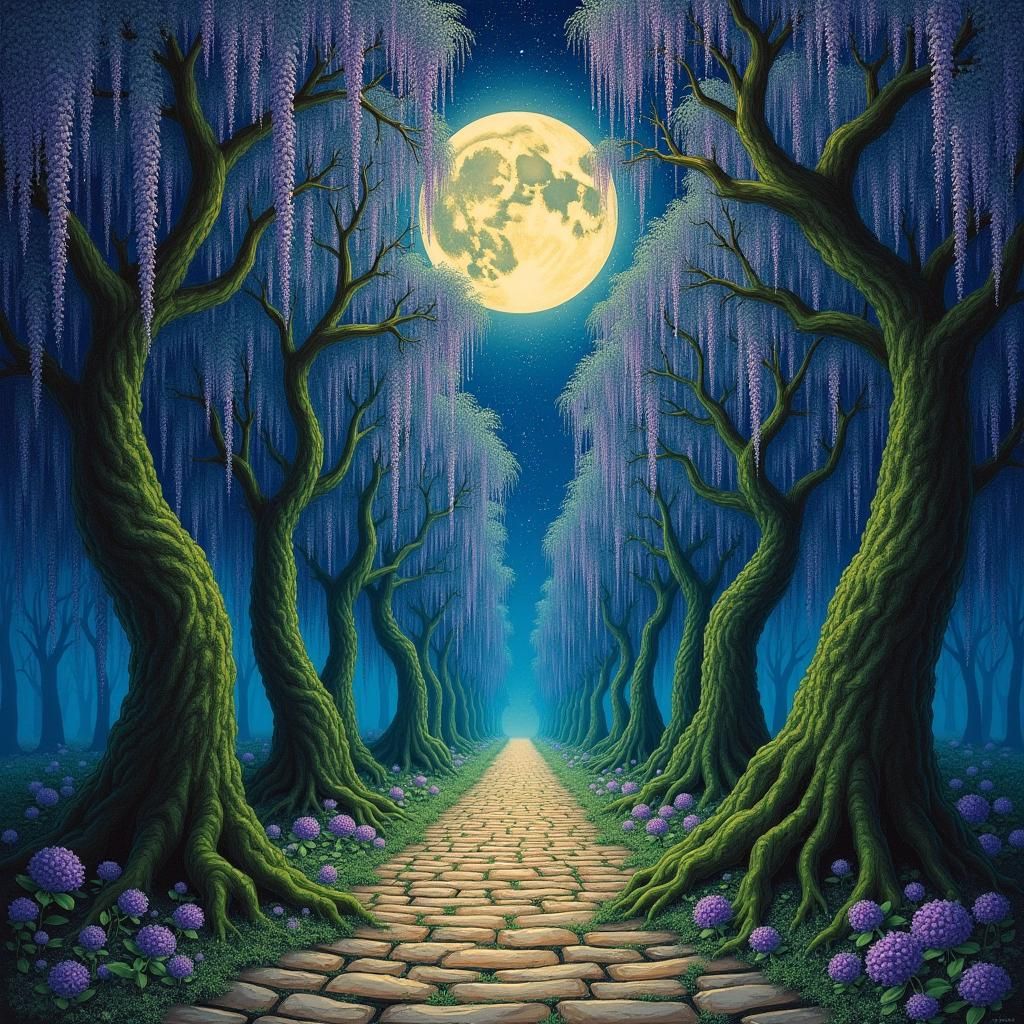 Mystical Wisteria Pathway under Moonlight: Tapestry Art
