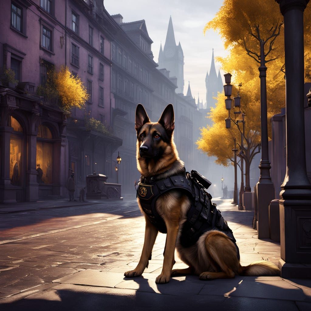 Cyberpunk German Shepherd Patrols Dark City