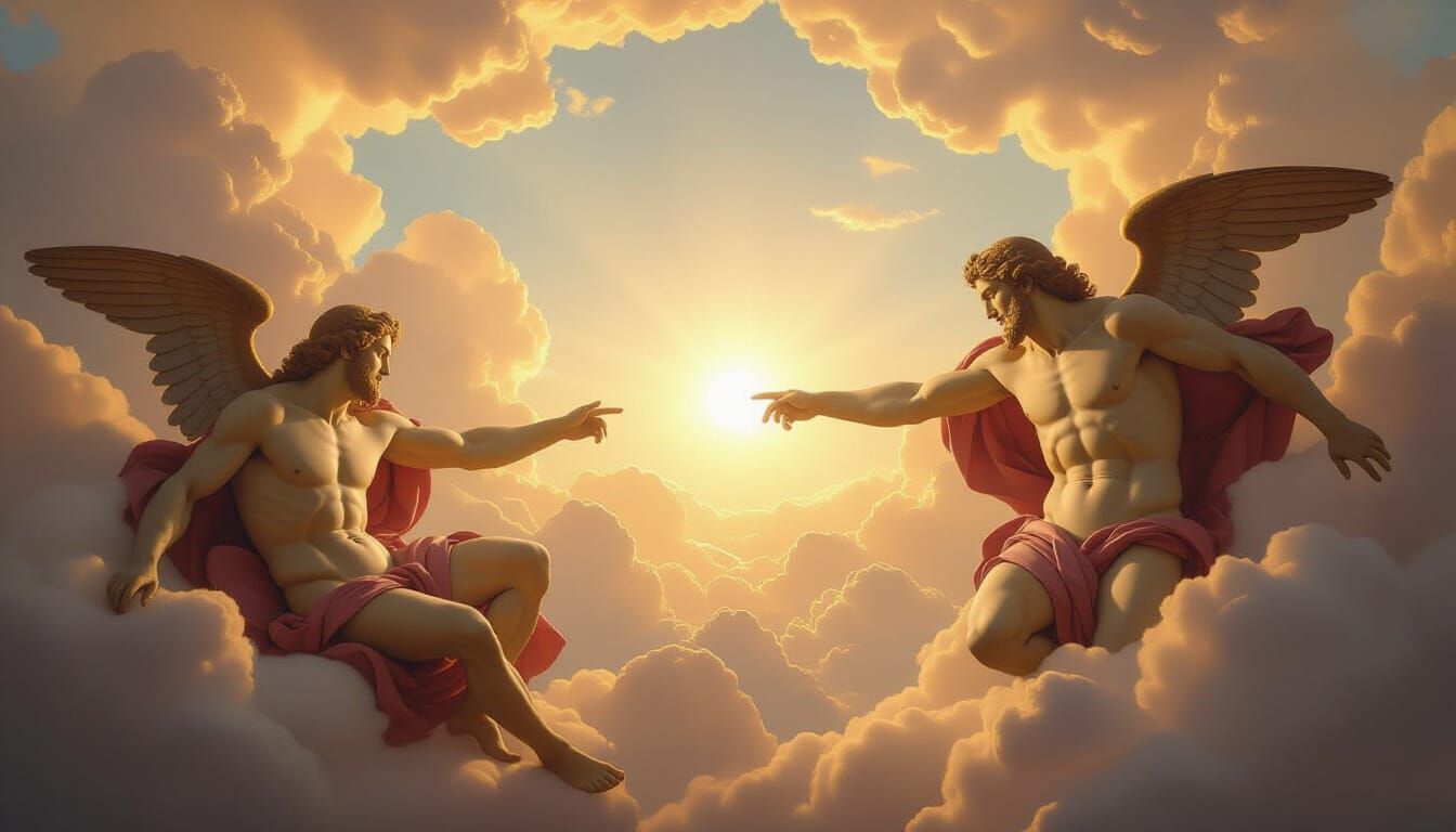 Divine Clouds Echo Creation of Adam in Photorealistic Sky
