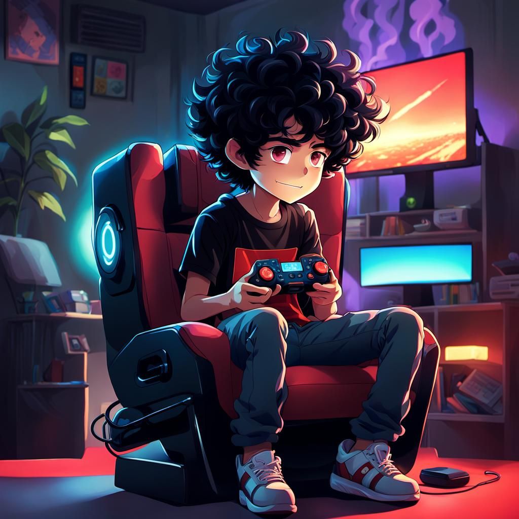 Anime Boy Gaming with Console in Pixiv Style
