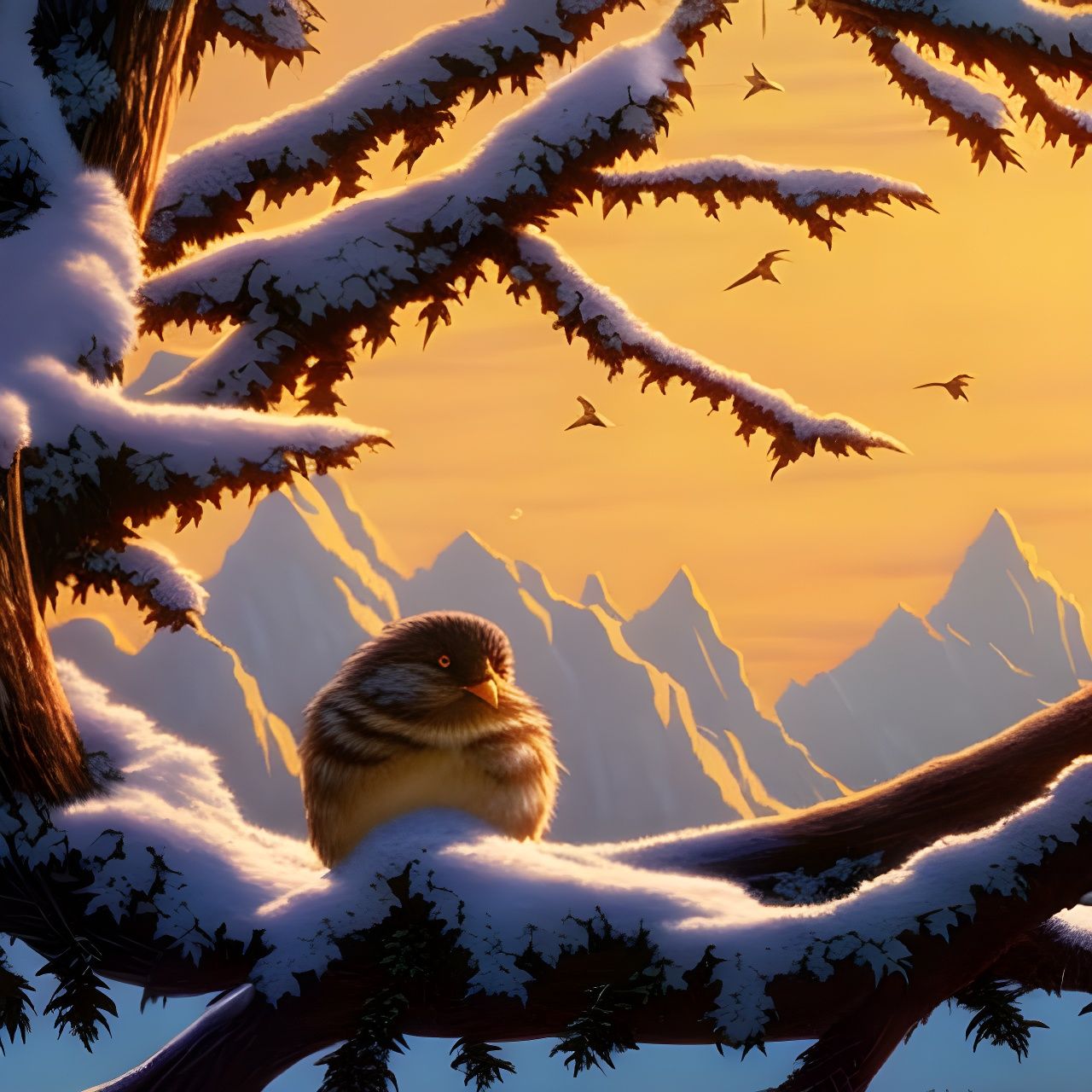 Fluffy Bird Snuggled in Winter Sunrise Tree