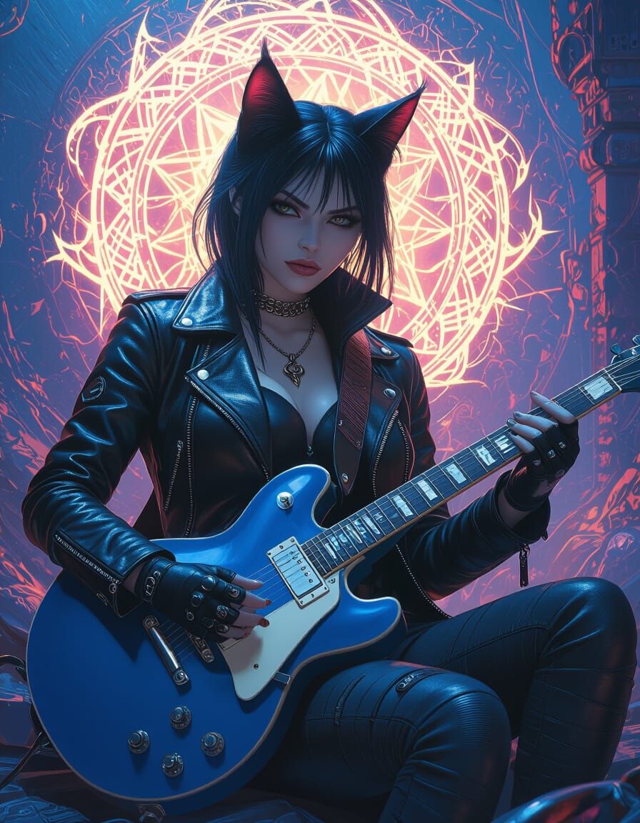 Demonic Catwoman Shreds Guitar in Mystical Aura