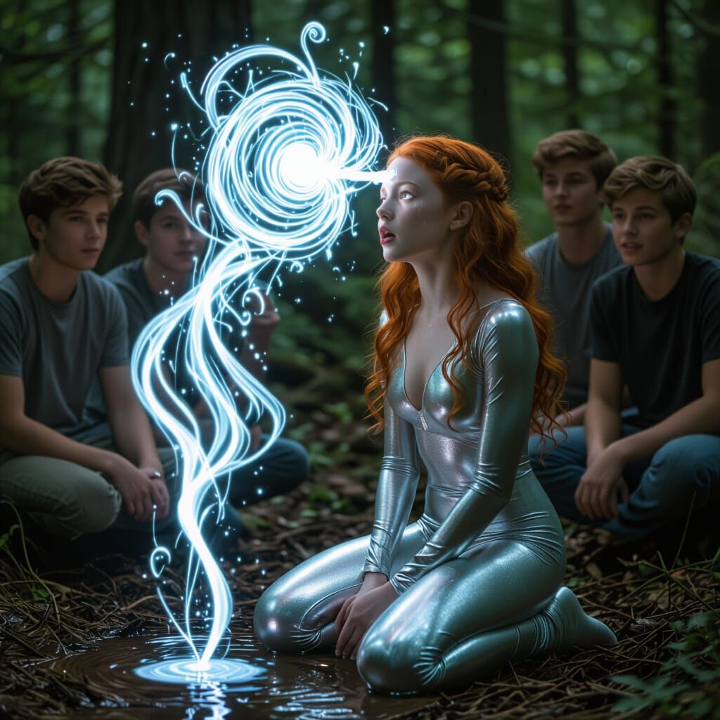 Redhead Girl Hypnotized by Silver Energy: Cinematic Film Sti...