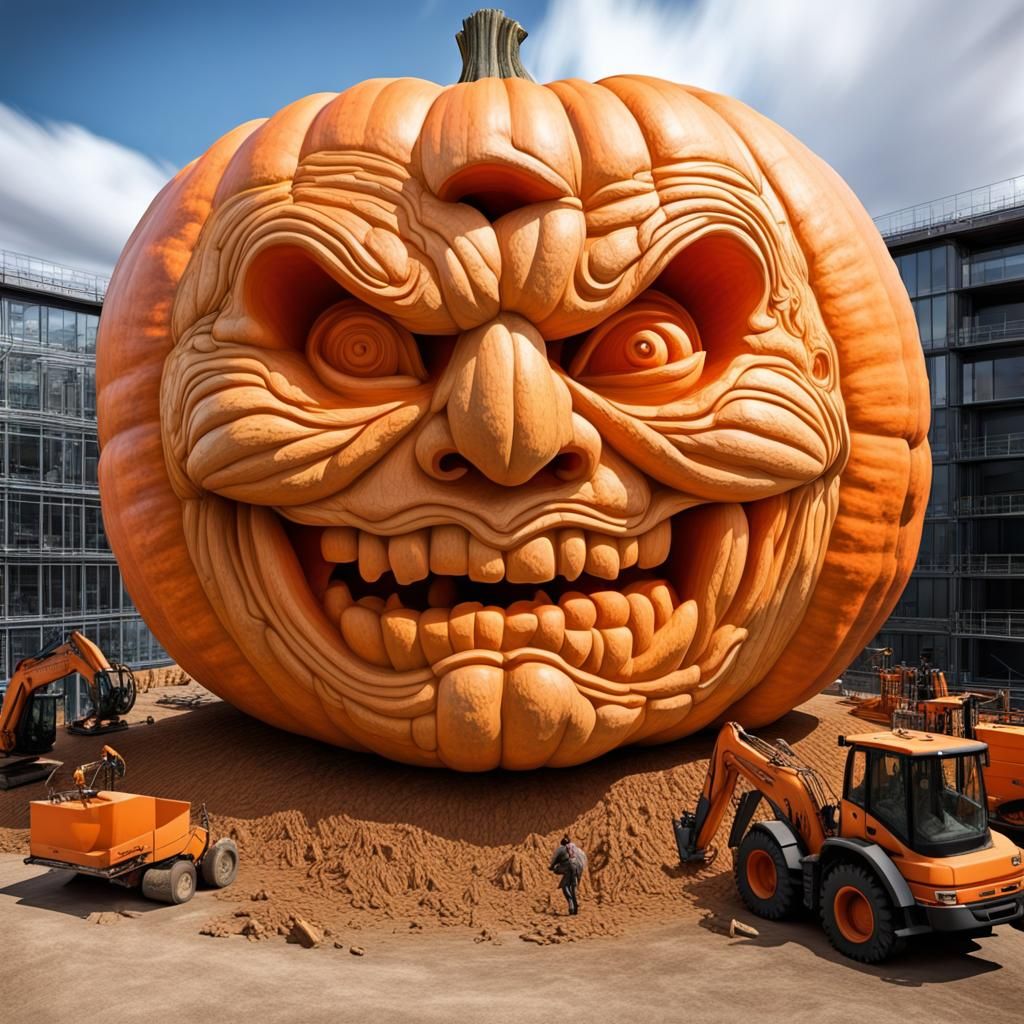 Giant pumpkin on construction site.
