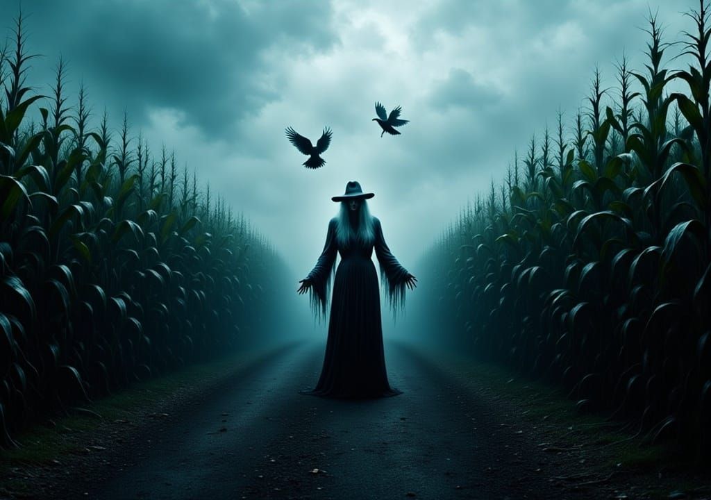 Creepy Scarecrow in Cornfield with Crows