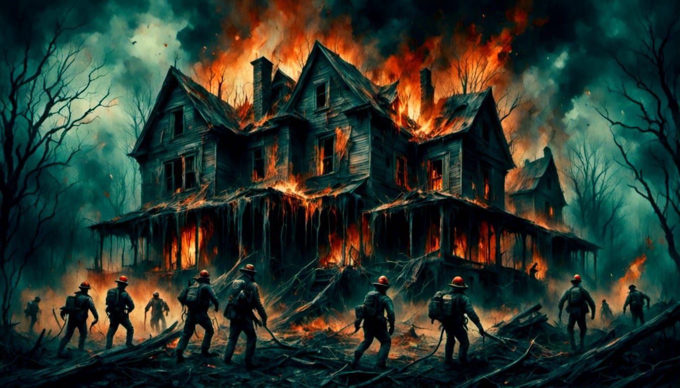 Skeletal Firefighters Battle Blaze in Dark Horror Style