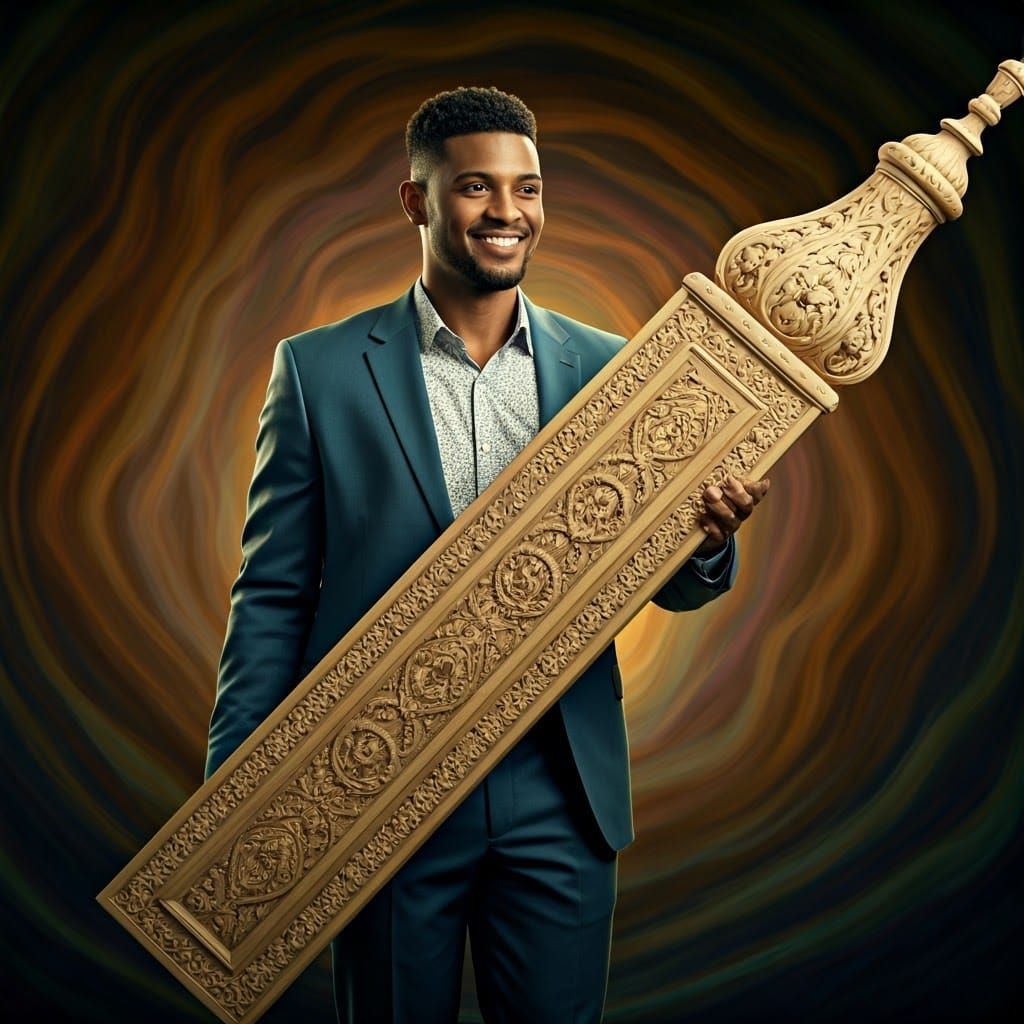 Stylish Man Carries Ornate Bed Post in Concept Art