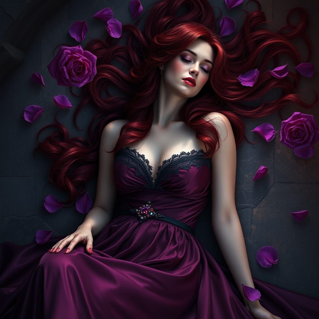 Ethereal Beauty in Rich Plum Satin, Surrounded by Purple Ros...