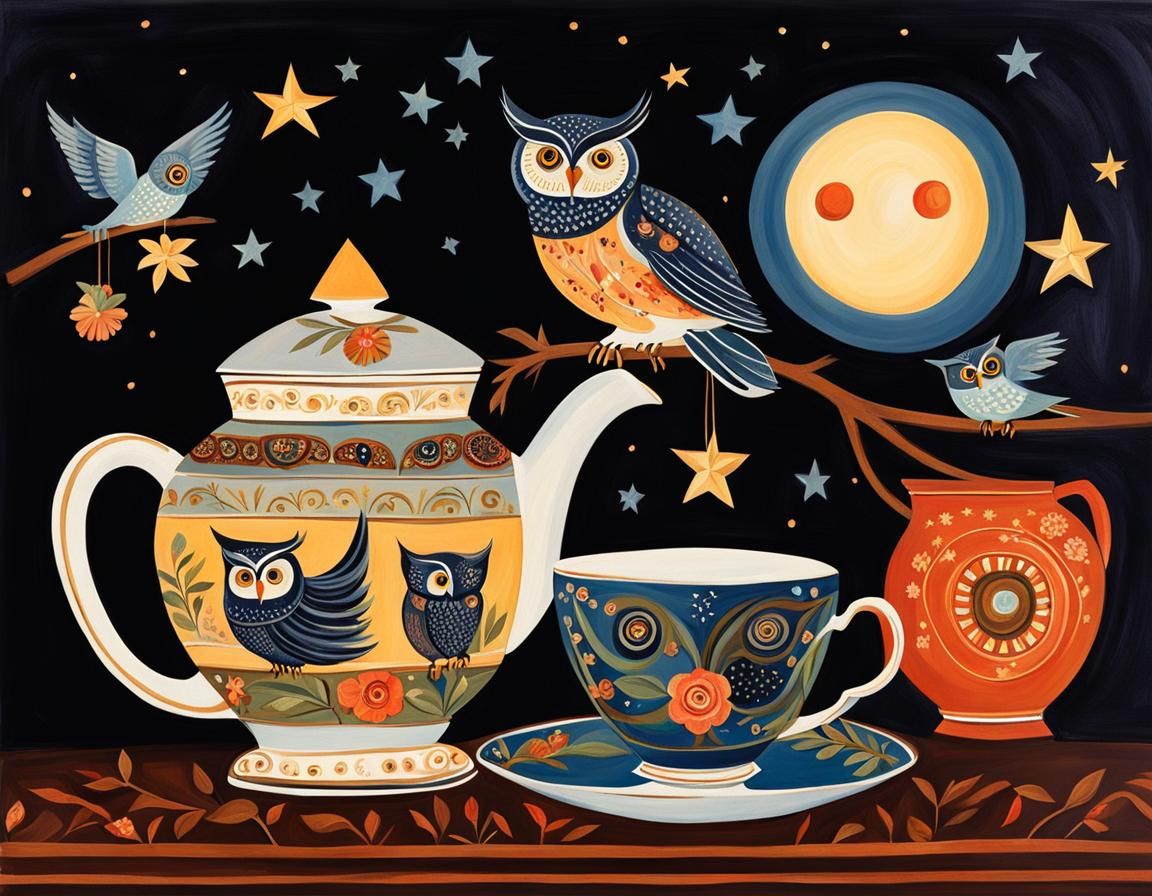 Folk Art Owl on Vintage Teapot