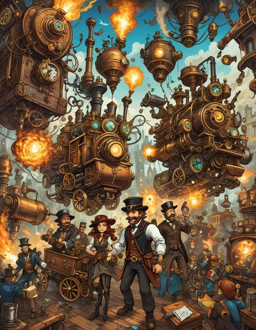Surreal Steampunk Scene with Vibrant Colors and Action