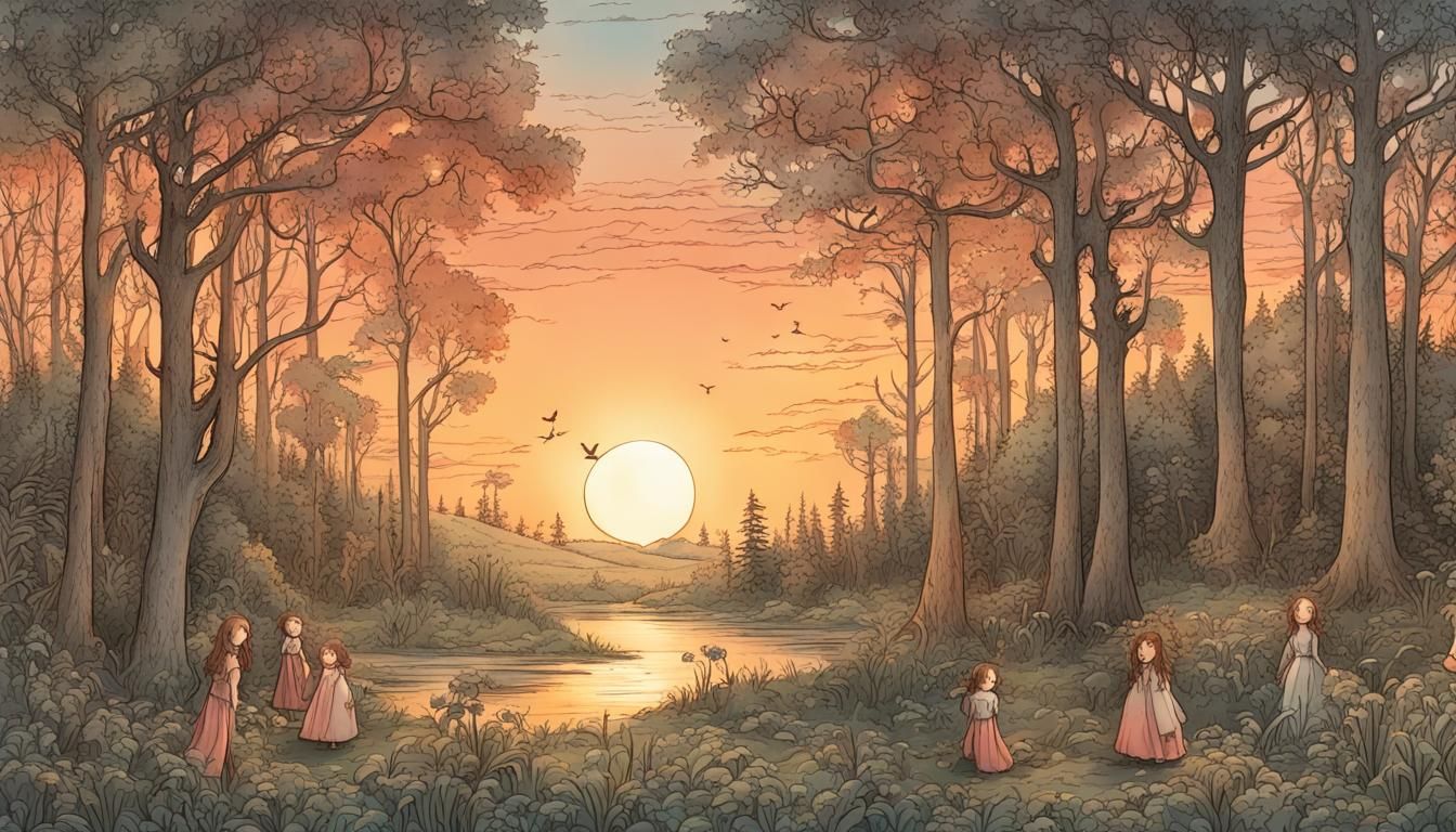 Magical Forest Sunset in Kate Greenaway Style