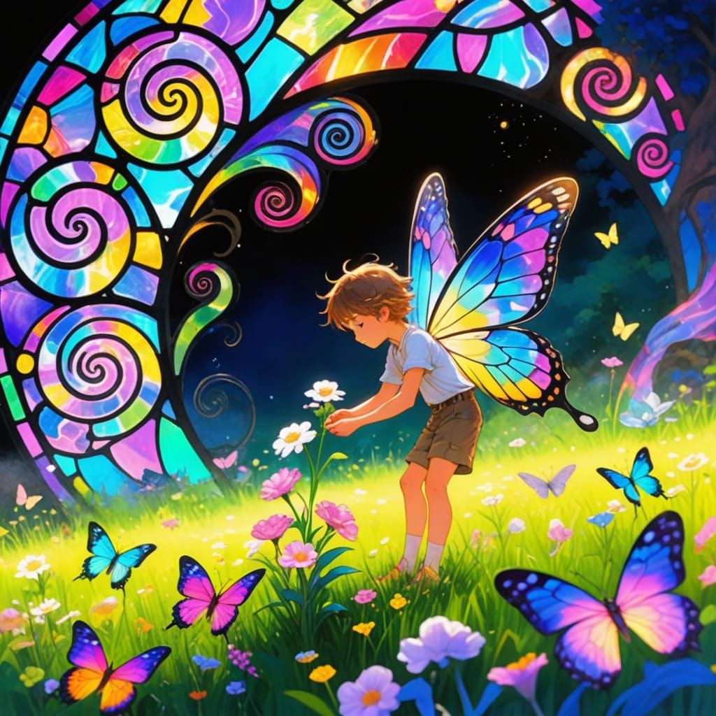 Whimsical Fairy Boy With Butterfly Wings Picking Flowers