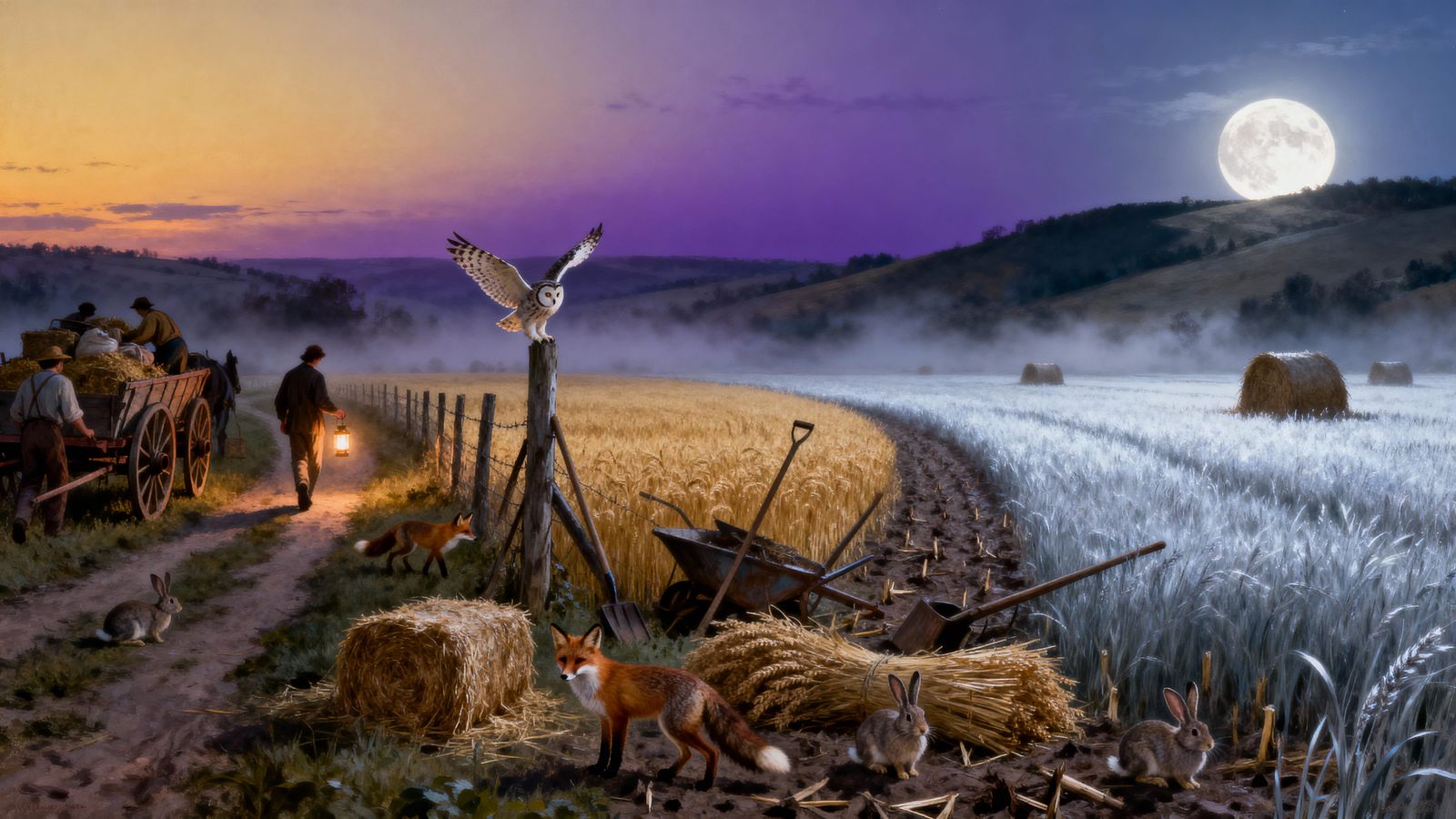 Sunset to Harvest Moon: Rural Evening Transition