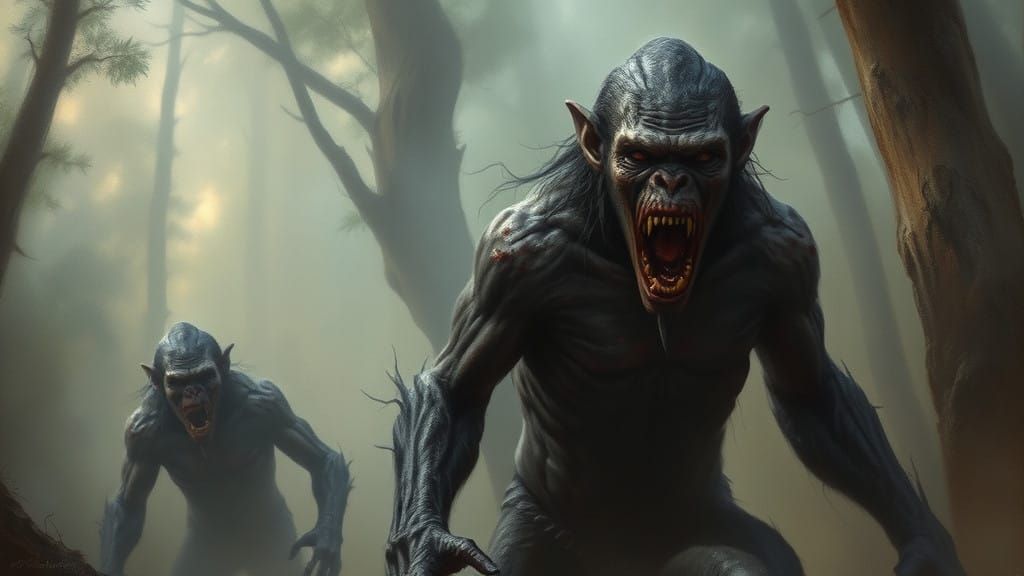 Dark Forest Beasts: Sinister Ape-Like Creatures in Oil Paint...