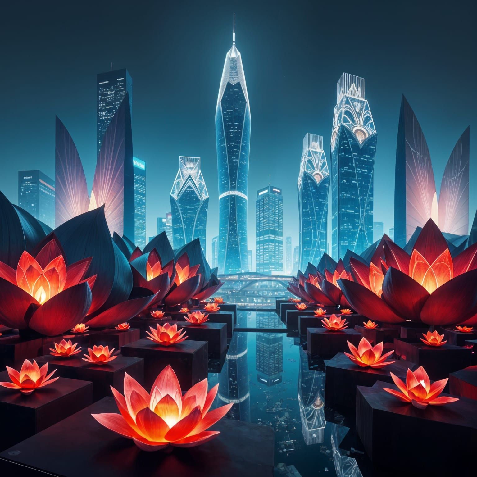 Folded Lotus Skyscrapers in Futuristic Cityscape
