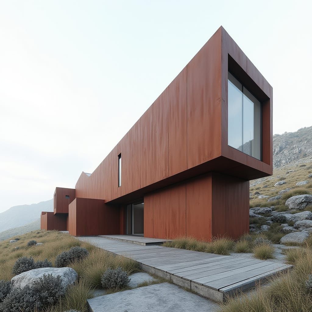 Brutalist Corten Building with Sloped Roofs